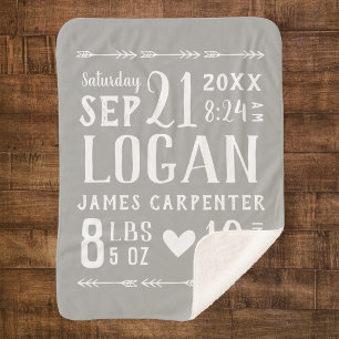 Gray Baby Boy Birth Stats   Editierbare Farben Sherpadecke