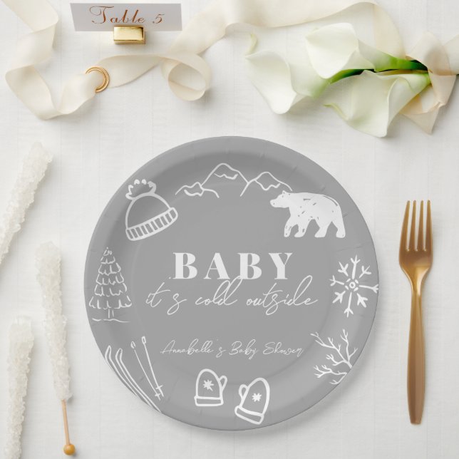 Gray Baby It's Cold Outside Hand-drawn Baby Shower Pappteller (Hochzeit)