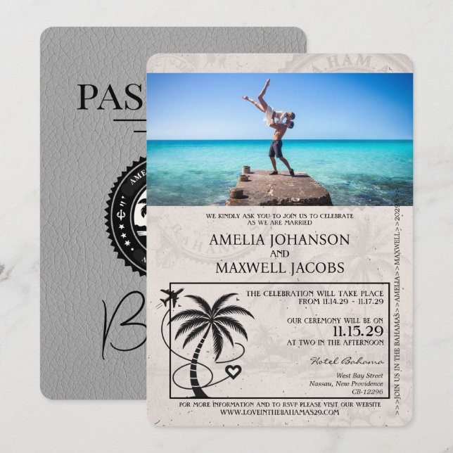 Gray Bahamas Passport Hochzeitseinladung Einladung (Vorne/Hinten)
