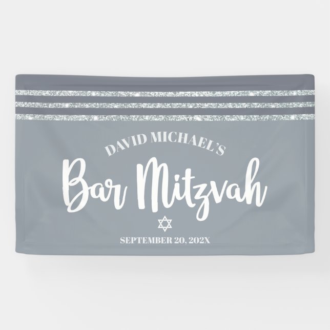 Gray Bar Mitzvah Modern Silver Tallit Bold Script Banner (Horizontal)