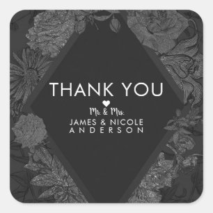 Gray Black Elegante Diamond Vintage Blume Hochzeit Quadratischer Aufkleber