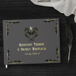 Gray Black Gold Dragon Monogram Fantasy Wedding Gästebuch