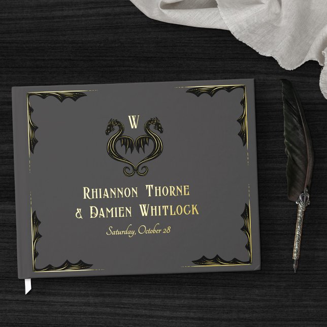 Gray Black Gold Dragon Monogram Fantasy Wedding Gästebuch (Von Creator hochgeladen)