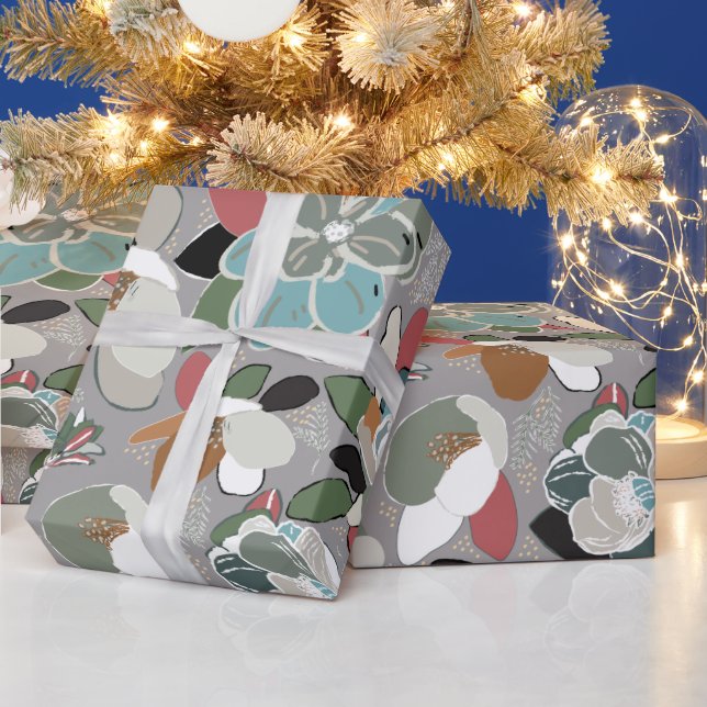 Gray Black Red Floral Winter Magnolia Geschenkpapier (Feiertage)