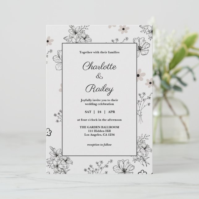 Gray Black Retro Y2K Hippie Blume Pattern Wedding Einladung (Stehend Vorderseite)