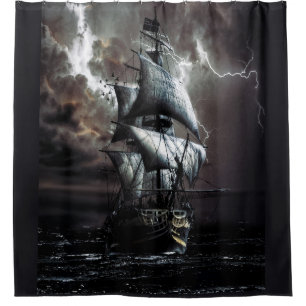 Gray Black Stormy Rainy Lightning Night Pirate Duschvorhang