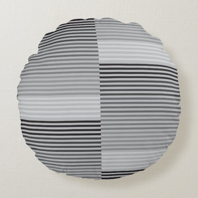 Gray, Black, White Stripes Rundes Kissen (Vorderseite)