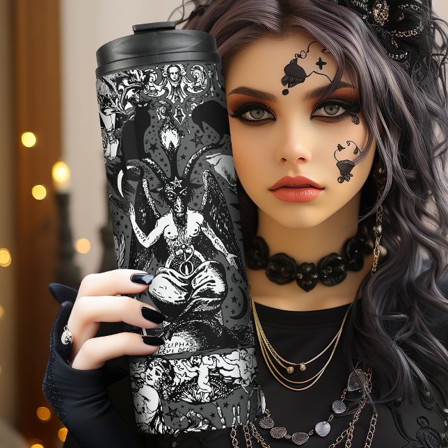 Gray Black Witchy Gothic Viktorianisch Goth Baphom Thermosbecher (If you love all things witchy and alternative, this is the flask for you. Cats, Bats and Baphomet.)