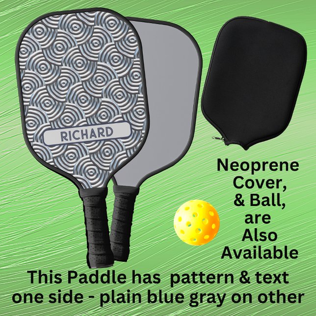 Gray Blue 3D Circles Geometric, Name Monogram hinz Pickleball Schläger (Von Creator hochgeladen)