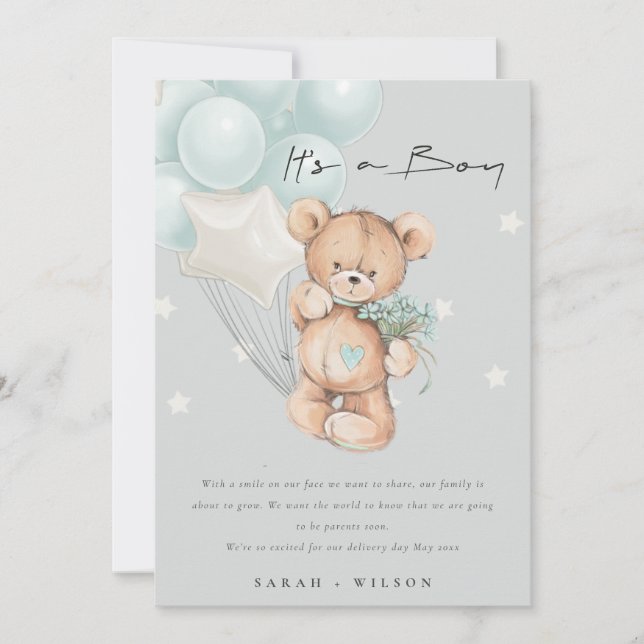 Gray Blue Bar Balloon Baby Announccard Dankeskarte (Vorderseite)