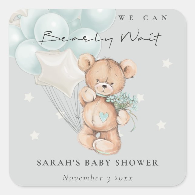 Gray Blue Bearly Wait Bär Balloon Baby Dusche Quadratischer Aufkleber (Vorderseite)