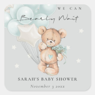 Gray Blue Bearly Wait Bär Balloon Baby Dusche Quadratischer Aufkleber