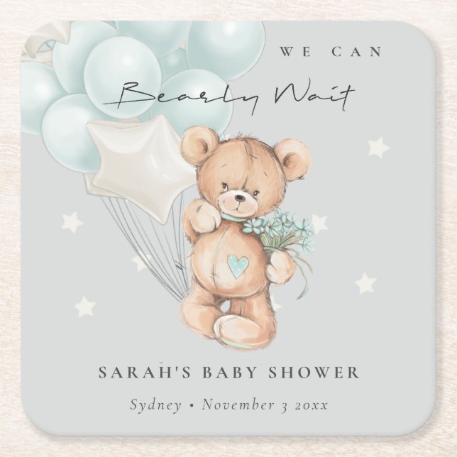Gray Blue Bearly Wait Bär Balloon Baby Dusche Rechteckiger Pappuntersetzer (Vorderseite)
