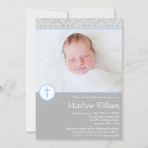 Gray Blue Damask Cross Boy Foto Taufe Einladung