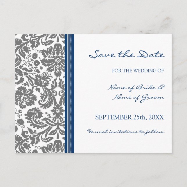 Gray Blue Damask Save the Date Hochzeit Postkarte (Vorderseite)