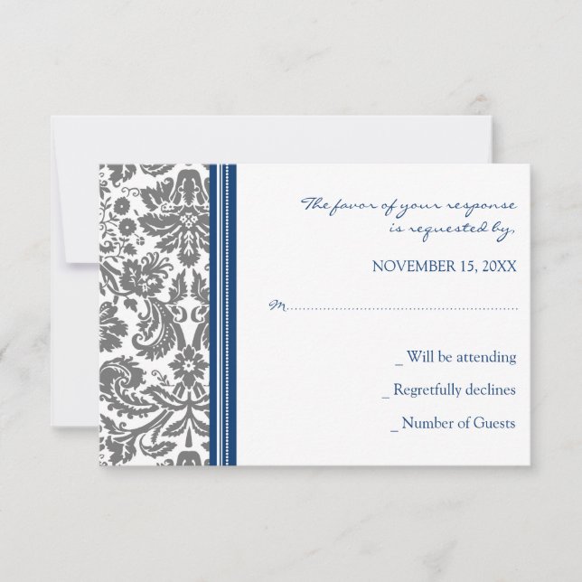 Gray Blue Damask UAWG Wedding Card RSVP Karte (Vorderseite)