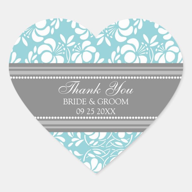 Gray Blue Damask Vielen Dank Gastgeschenk Hochzeit Herz-Aufkleber (Vorderseite)
