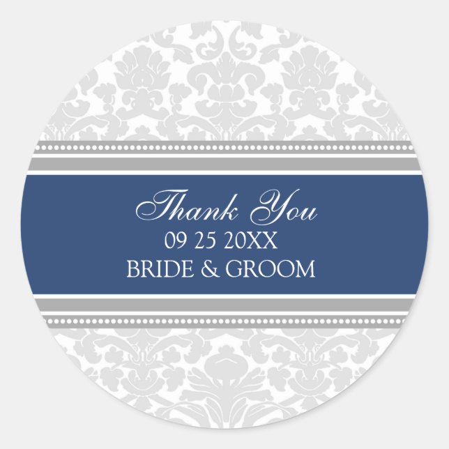 Gray Blue Damask Vielen Dank Gastgeschenk Hochzeit Runder Aufkleber (Vorderseite)