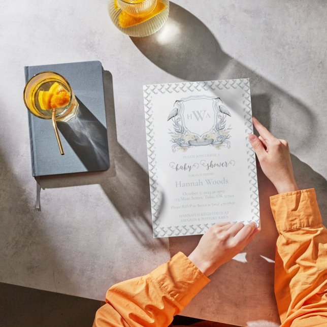 Gray Blue Heron Monogram Wappen Baby Showroom Einladung (Von Creator hochgeladen)