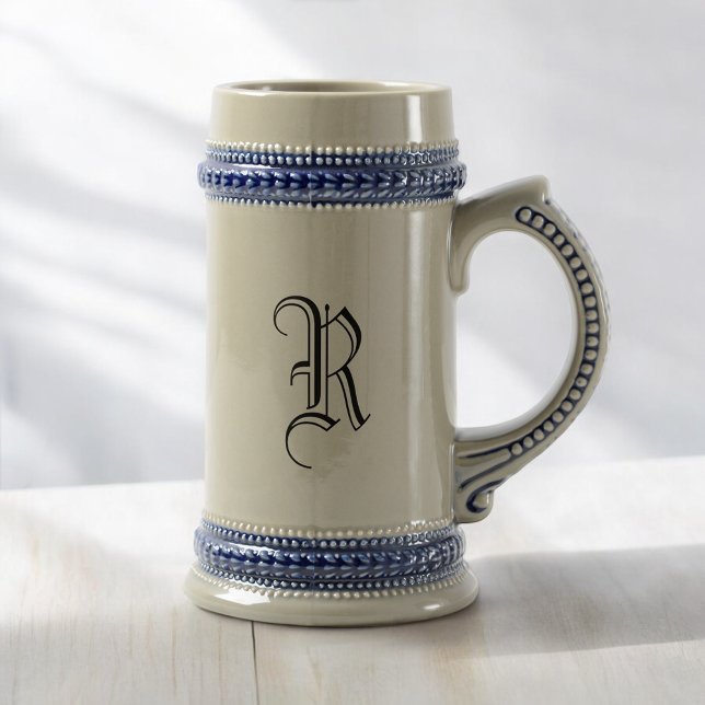 Gray & Blue Keramik Bierstein mit individueller Er Bierglas (MISOOK Grey Beer Stein with Initial)