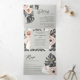 GRAY BLUSH RUST MONSTERA FLORA WATERCOLOR WEDD DREIFACH GEFALTETE EINLADUNG