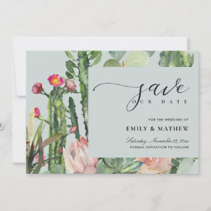 GRAY BOHO PINK DESERT CACTUS FLORAL WATERCOLOR SAVE THE DATE
