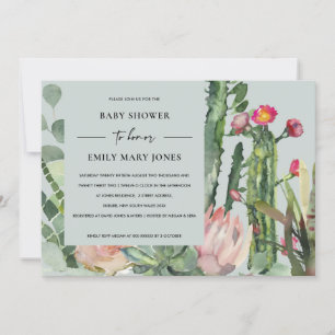GRAY BOHO PINK FLORAL CACTUS FOLIAGE BABY SHOWER EINLADUNG