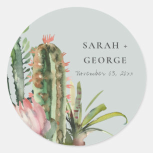 GRAY BOHO PINK FLORAL DESERT CACTI FOLIAGE WEDD RUNDER AUFKLEBER