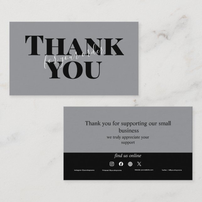 Gray Bold Thank You Card Social Media Small Busine Visitenkarte (Vorne/Hinten)