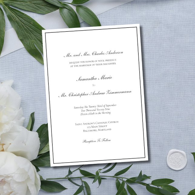 Gray Border Minimalistisch Traditionelle formale E Einladung (Formal Traditional Classic Elegant Gray Silver Wedding Invitation with formal wording)