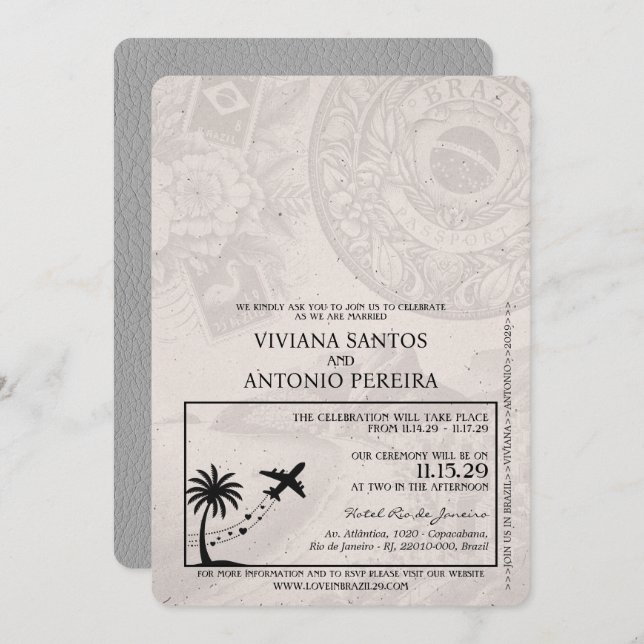 Gray Brazil Passport Hochzeitseinladung Einladung (Vorne/Hinten)
