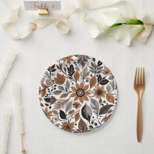 Gray Brown Floral Muster Herbsthochzeit Pappteller