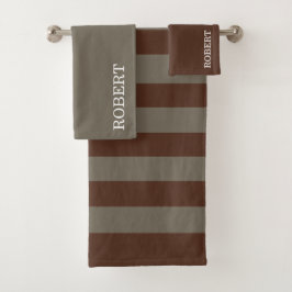  Gray &Brown Strips Pattern Custom Name Badhandtuch Set