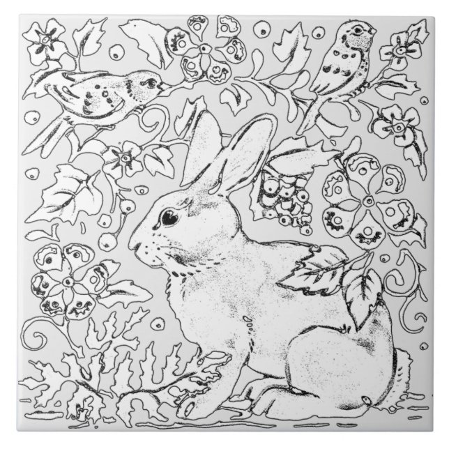 Gray Bunny Rabbit Bird Floral Zeichnend künstleris Fliese (Vorderseite)