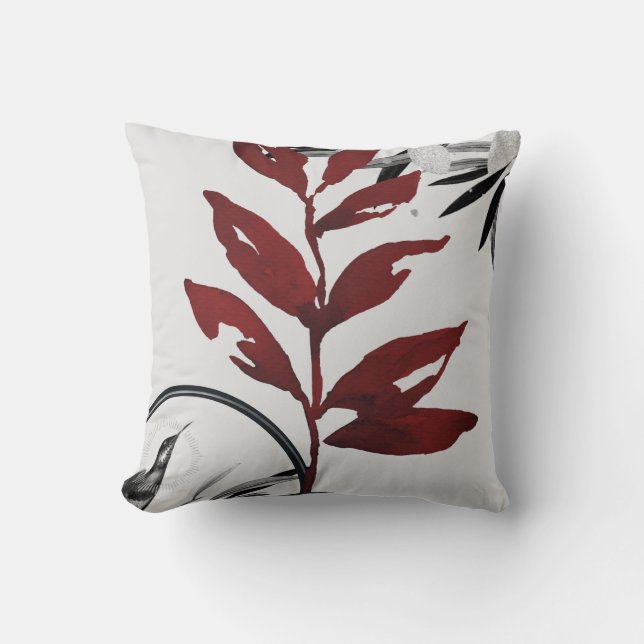 Gray & Burgund Wasserfarbe Blätter Hummingbird Kissen (Vorderseite)