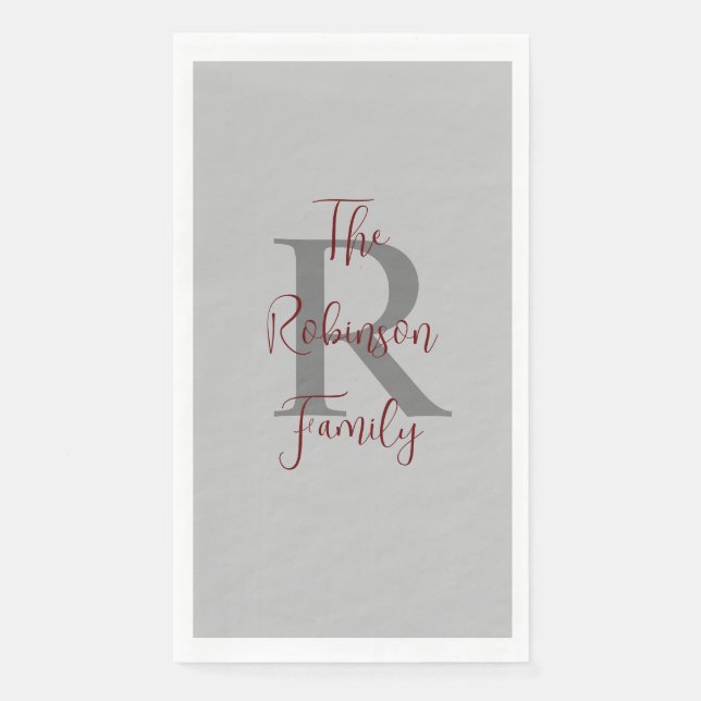 Gray Burgundy Name Monogram Paper Guest Handtuch Serviette (Vorderseite)