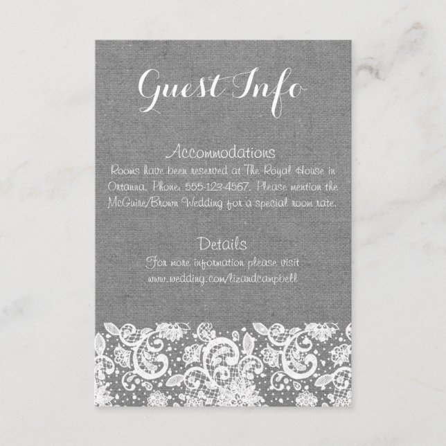 Gray Burlap and Lace Info Card - Rustikale Hochzei Begleitkarte (Vorderseite)