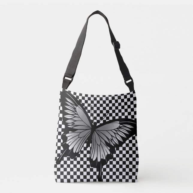 Gray Butterfly Classic Schachbrett Cross Body Tote Tragetaschen Mit Langen Trägern (Vorderseite)