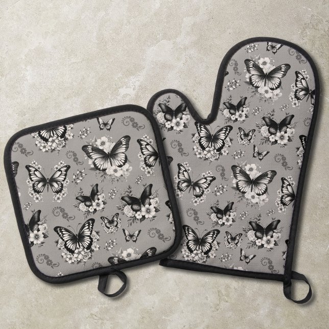 Gray Butterfly Pattern Ofenhandschuh & Topflappen-Set (Von Creator hochgeladen)