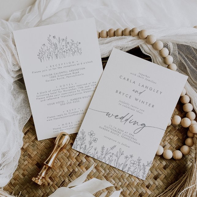 Gray Calligraphy Wildflower Front and Back Wedding Einladung (Von Creator hochgeladen)