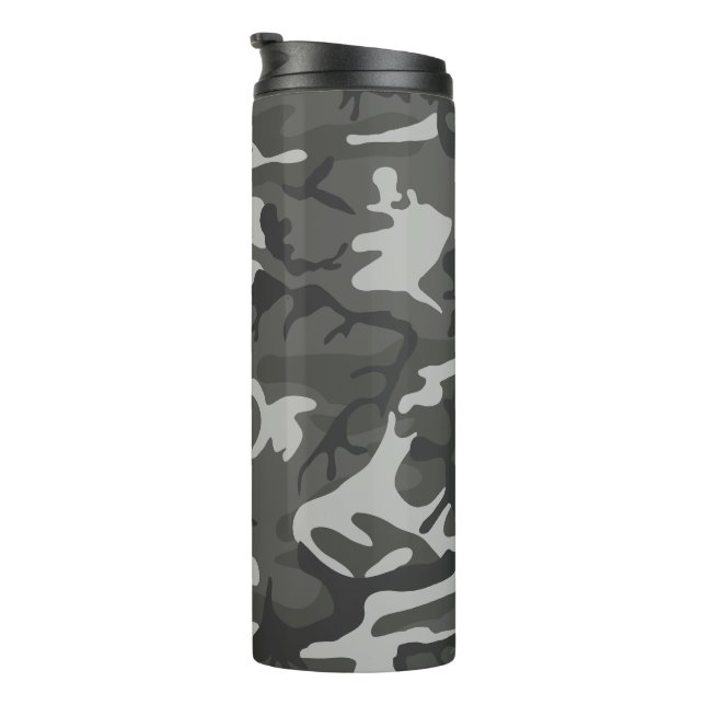 Gray Camouflage Pattern, militärisches Muster, Arm Thermosbecher (Nach rechts gedreht)