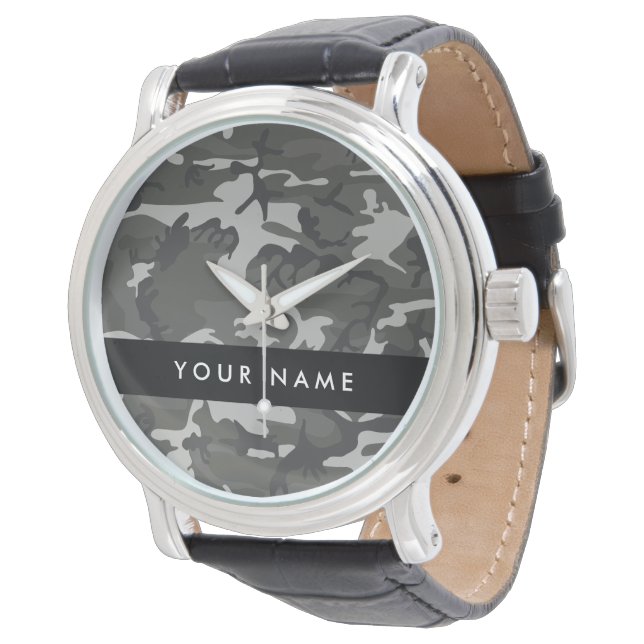 Gray Camouflage Pattern, Your name, Personalize Armbanduhr (Schrägansicht)