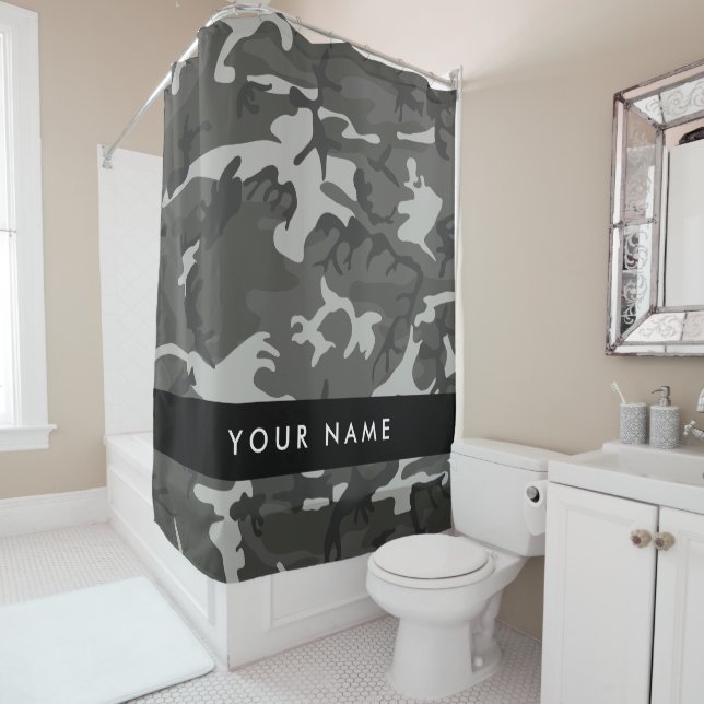 Gray Camouflage Pattern, Your name, Personalize Duschvorhang (Beispiel)