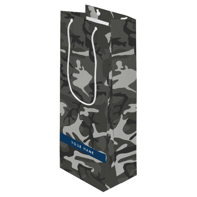 Gray Camouflage Pattern, Your name, Personalize Geschenktüte Für Weinflaschen (Vorderseite Schrägansicht)