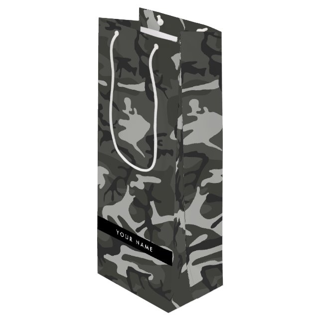 Gray Camouflage Pattern, Your name, Personalize Geschenktüte Für Weinflaschen (Vorderseite Schrägansicht)