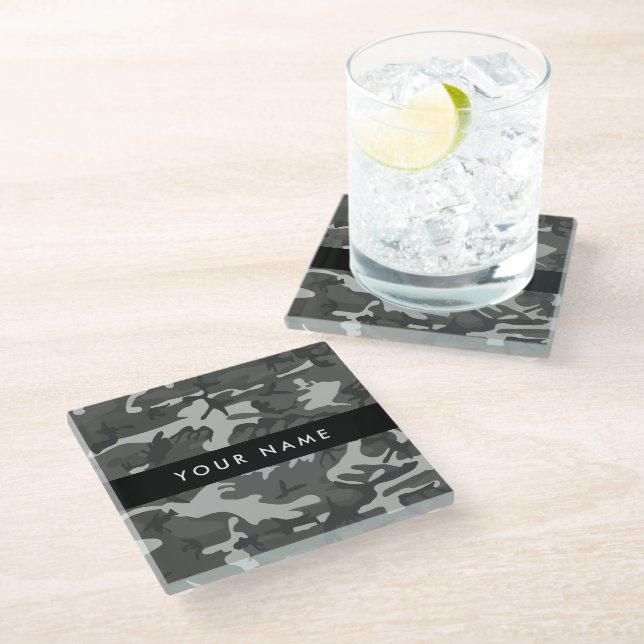 Gray Camouflage Pattern, Your name, Personalize Glasuntersetzer (Schrägansicht)