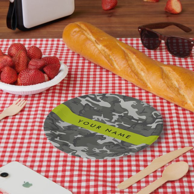 Gray Camouflage Pattern, Your name, Personalize Pappteller (Picknick)
