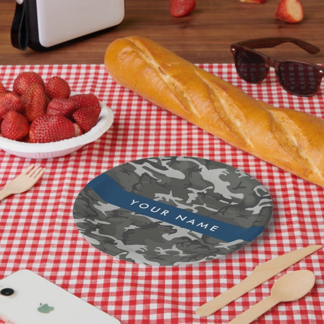 Gray Camouflage Pattern, Your name, Personalize Pappteller (Picknick)