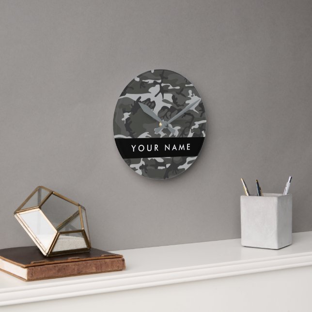 Gray Camouflage Pattern, Your name, Personalize Runde Wanduhr (Büro)