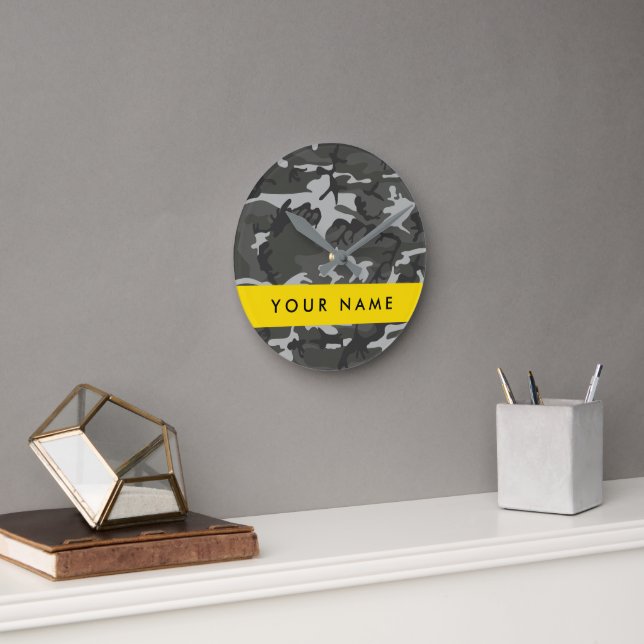 Gray Camouflage Pattern, Your name, Personalize Runde Wanduhr (Büro)